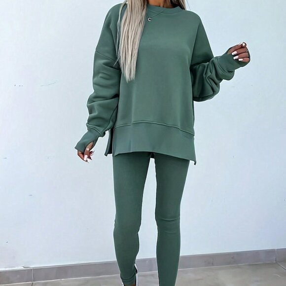 B327 Green Bay Solid color Oversize Slit Sweatshirt and Ribbed Leggings 2 pc Set - Picture 3 of 3